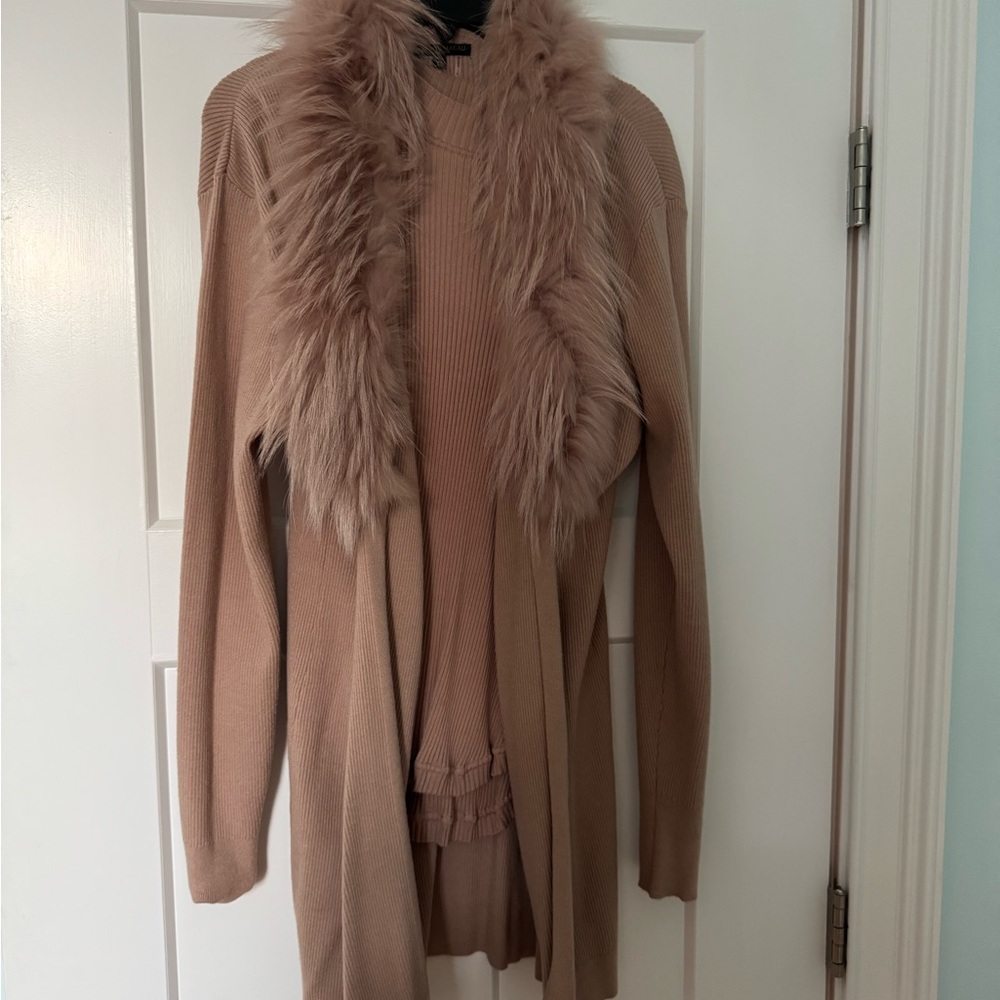 Alberto Makali Tan Cardigan with Faux Fur Collar